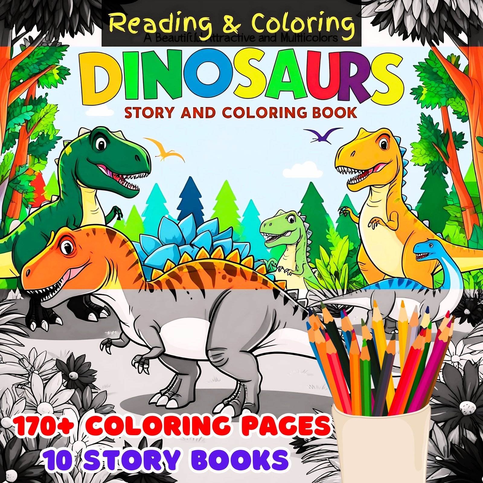 Dive into Dino Fun: 170 Coloring Pages + 10 Exciting Stories! - Image 4